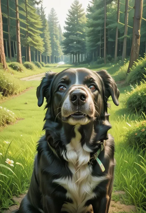 painting of a dog sitting in the grass in a wooded area