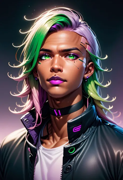 cameron x'voor, 1boy, male focus, tan, dark skinned male, black choker, black jacket, choker, cyberpunk, earrings, gradient hair...