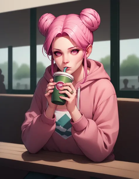 score_9, score_8_up, score_7_up, score_6_up, score_5_up, score_4_up, solo, 1girl, cone hair bun, pink hair, ring, pink eyes, drinking, hair bun, double bun, jewelry, long hair, genderless, mature, hooded sweatshirt, looking at viewer, depth of field, indoors, cafe scene, sitting, cinematic angle, flat color