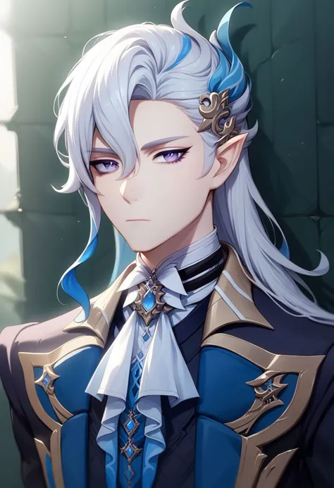 neuvillette, 1boy, male focus, solo, long hair, white hair, multicolored hair, looking at viewer, pointy ears, hair ornament, closed mouth, upper body, white ascot, ascot, blue hair, brooch, portrait, blue eyes, hair between eyes, jewelry, purple eyes, two-tone hair, feather hair ornament zPDXL