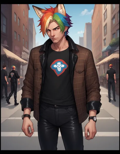 a man with a colorful hair and a black shirt standing in a street