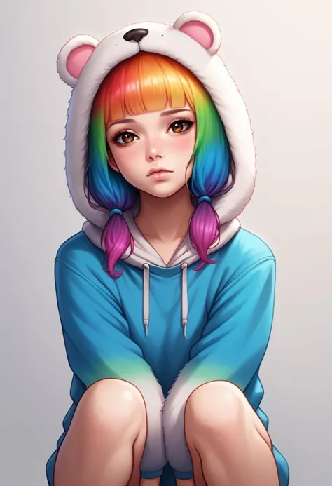 a girl with a hoodie and a bear ears sitting on a stool