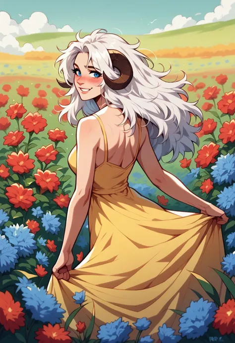 a woman in a yellow dress standing in a field of flowers