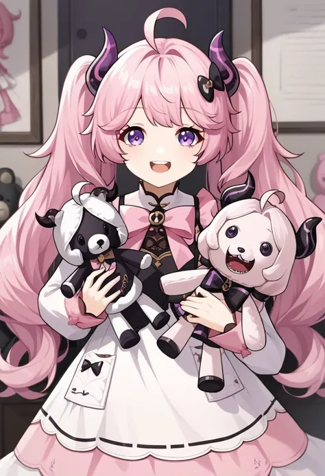 anime girl with pink hair holding two stuffed animals