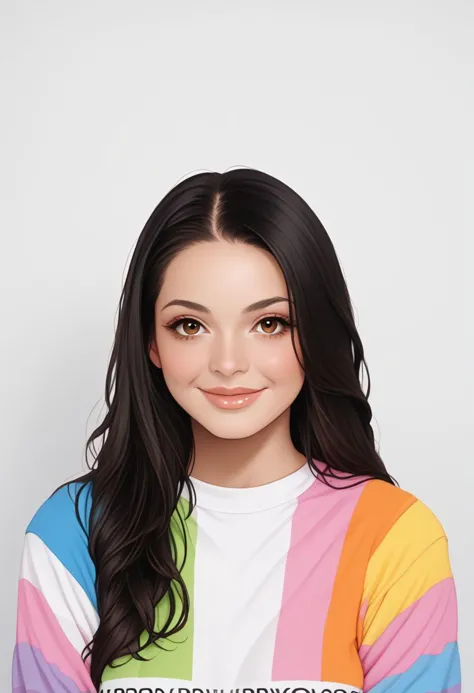 a close up of a woman with long black hair wearing a colorful shirt