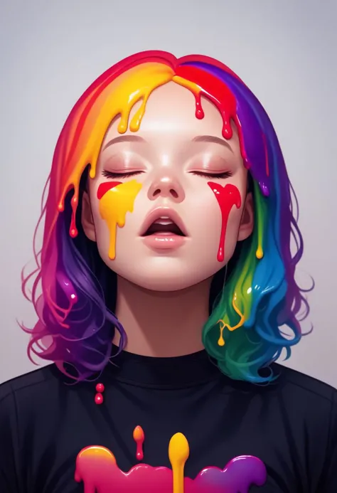 prideb4fall, 1girl, solo, closed eyes, portrait, lips, black shirt, upper body, parted lips, upper teeth only, paint dripping, r...