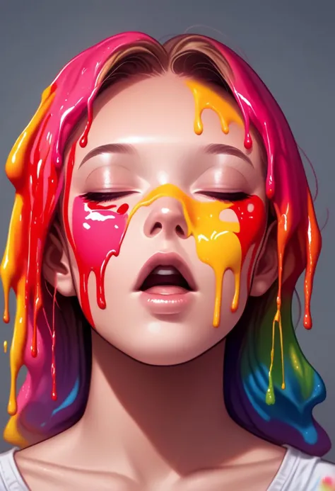 prideb4fall, 1girl, solo, closed eyes, portrait, lips, collarbone, parted lips, upper teeth only, paint dripping, rainbow colors, gradient overlay, rainbow paint, open mouth, made of rainbows, rainbow overlay, pride month, rainbows
 zPDXL2