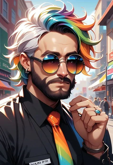 prideb4fall, 1boy, male focus, jewelry, solo, ring, facial hair, necktie, beard, shirt, round eyewear, bracelet, rainbow necktie, black shirt, sunglasses, earrings, tinted eyewear, looking at viewer, white hair, collared shirt, glasses, coat, long sleeves, hand up, made of rainbows, rainbow hair, rainbow overlay, pride month, outdoors, rainbows, belt, upper body, comic art style, illustration 
 zPDXL2