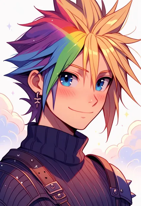 prideb4fall, Cloud Strife, 1boy, male focus, solo, rainbow hair, spiked hair, jewelry, earrings, blue eyes, smile, upper body, armor, looking at viewer, single earring, turtleneck, short hair, shoulder armor, hair between eyes, blush, white background, made of rainbows, rainbow overlay, pride month, rainbows
 zPDXL2