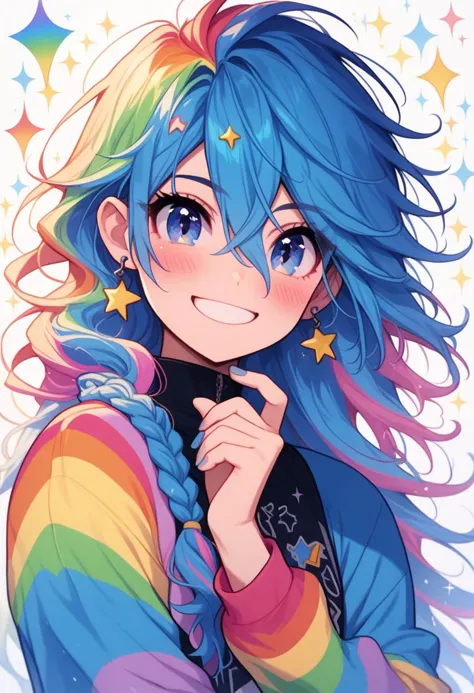 prideb4fall, 1girl, solo, smile, blush, blue hair, long hair, looking at viewer, earrings, jewelry, sleeves past wrists, blue eyes, multicolored hair, braid, rainbow, star (symbol), long sleeves, sparkle, white background, blue nails, portrait, nail polish, upper body, grin, floating hair, hair between eyes, simple background, heart, hand up, made of rainbows, rainbow overlay, pride month, rainbows
 zPDXL2