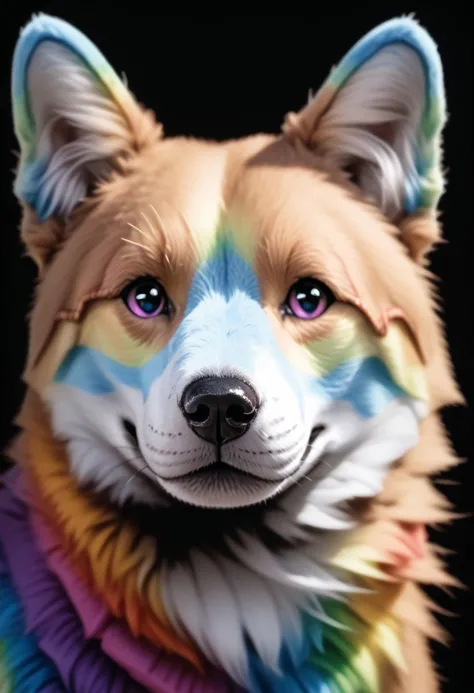 prideb4fall, no humans, simple background, animal focus, realistic, rainbow fur, rainbow lighting, black background, solo, animal, looking at viewer, dog, portrait, rainbow eyes, made of rainbows, rainbow overlay, pride month, rainbows
 zPDXL2