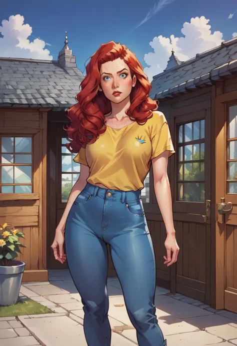 score_9, score_8_up, score_7_up, source_illustration, BREAK, 1 girl, pale skin, red hair, long hair, straight hair, freckles, smooth skin, oval face blue eyes, short,  beautiful; yellow shirt, loose blue jeans, sneakers; looking stern, standing in front of a house
 zPDXL2 PnyCmicPosXL 1vy