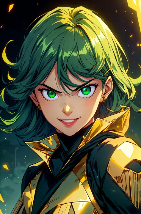 a close up of a person with green hair and a green eyes