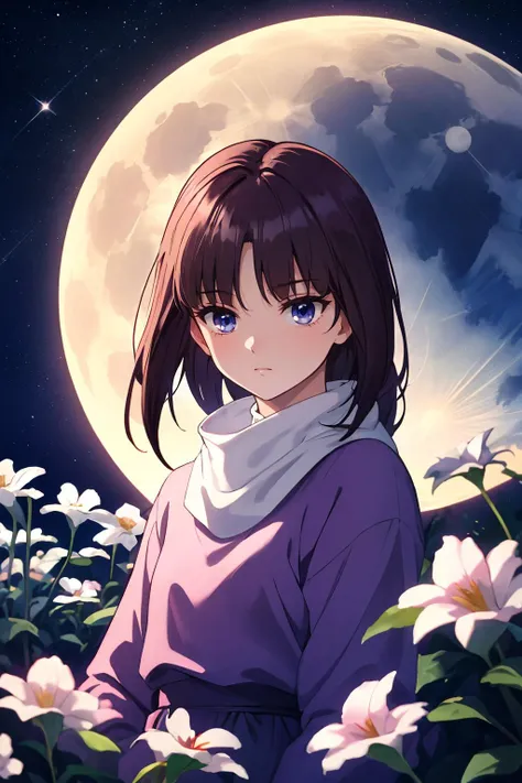 anime girl in a field of flowers with a full moon in the background