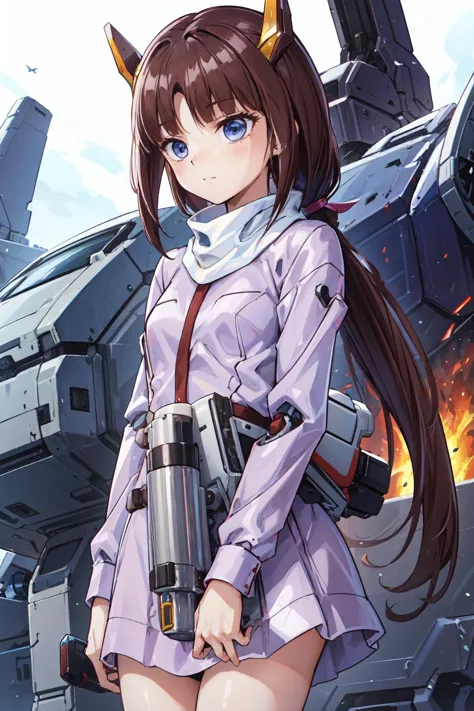 masterpiece,best quality,1girl,(tifax),brown hair,long hair,low ponytail,blue eyes,pink dress,turtleneck,mecha musume,mechanical parts,mechanical body,headgear,beam cannon,science fiction,cowboy shot,<lora:tifa-gundamx-v2-wasabiya_1:1>,<lora:Concept-control tool-add_detail-CyberAIchemist:0.3>,<lora:Style-A-Mecha_musume-REN:0.9>,