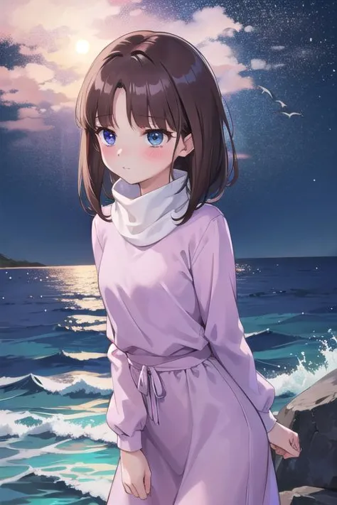 a girl in a purple dress standing on a beach next to the ocean