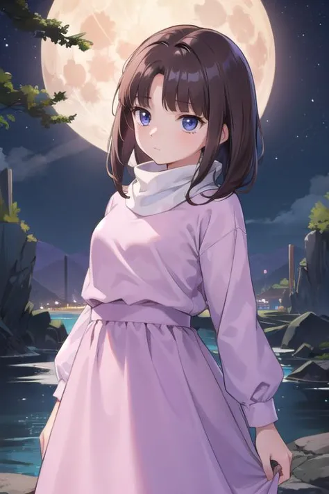 a girl in a purple dress standing in front of a full moon