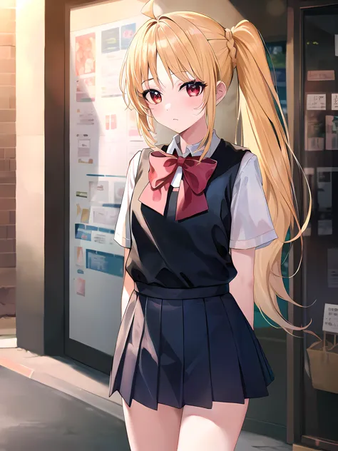 anime girl with long blonde hair and a bow tie standing in front of a store