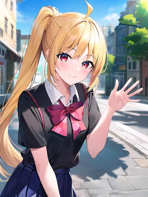 anime girl with long blonde hair waving in the street