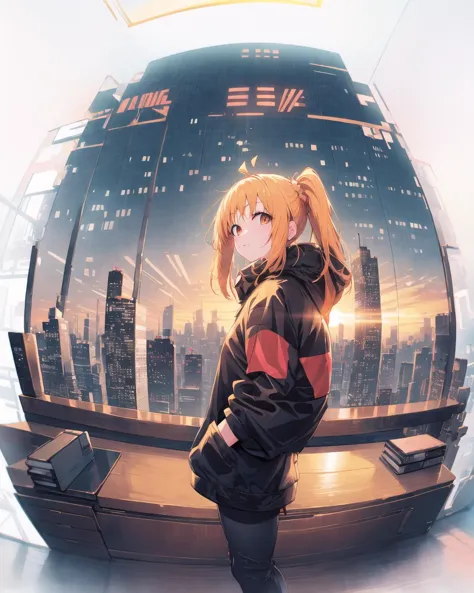 anime girl in a black jacket standing in front of a large sphere