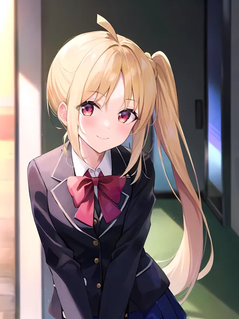 anime girl with long blonde hair and a bow tie