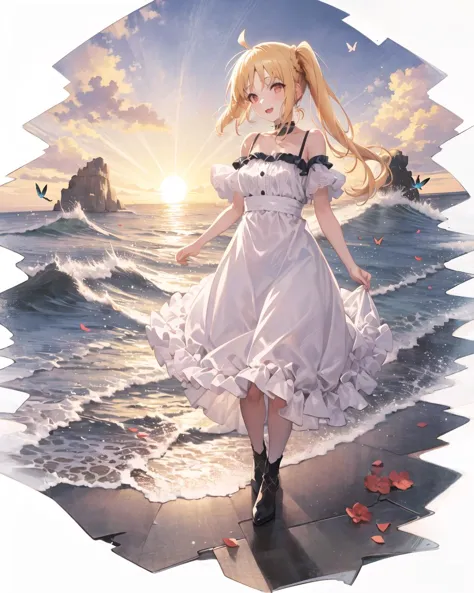 anime girl walking on the beach with a beautiful sunset in the background