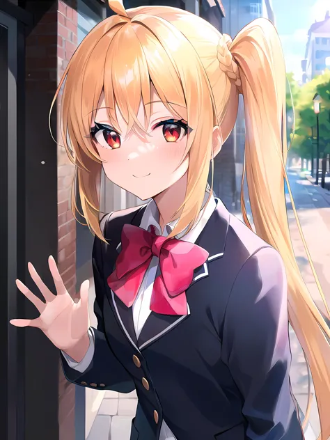 anime girl with ponytail and bow tie posing for a picture