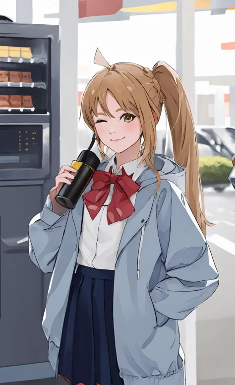 anime girl with ponytail drinking from a bottle in a gas station