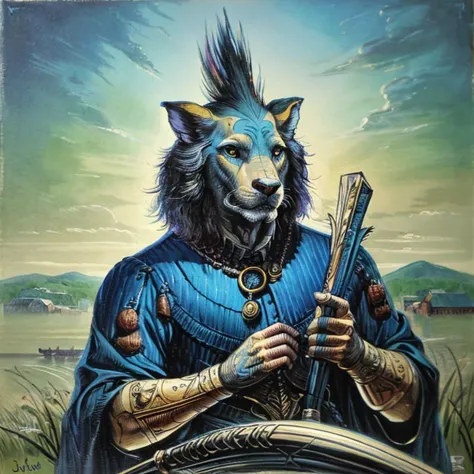 a painting of a man with a sword and a dog