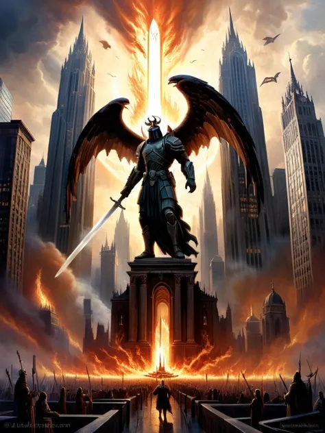 the city of the wicked is smote with holy fire by an avenging angel,burtalist architecture,skyscrapers,angel,halo,flaming sword,...