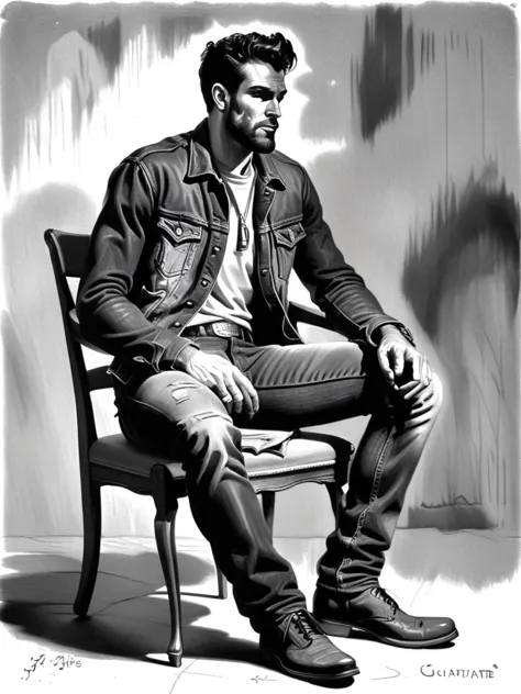 a gigachad wearing jeans sitting on a chair,grayscale,monochrome,art by llbreton,  <lora:LLBretonXL2:1>