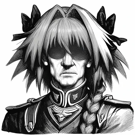 score_9, score_8_up, score_7_up, score_6_up, score_5_up, score_4_up, rating_safe,art by llbreton,monochrome,greyscale, cropped,1man,solo,cropped,portrait,astolfo \(fate\),military uniform,shaded face,chiseled jawline,red hair,<lora:LLBretonPony-000006:1>