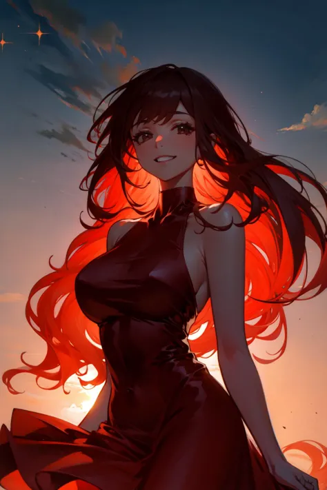 a woman in a red dress is standing in the sunset