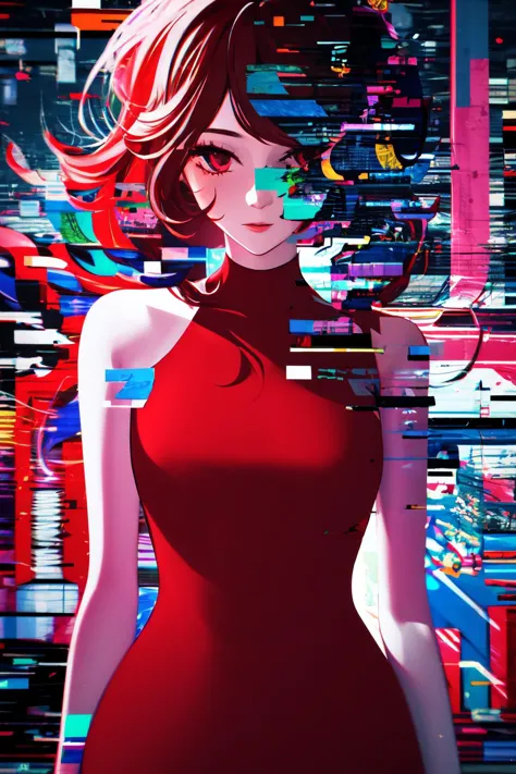 Highly detailed, High Quality, Masterpiece, beautiful, Glitching, glitch, <lora:Glitching:1>, solo, Girlfriend, red dress, <lora...