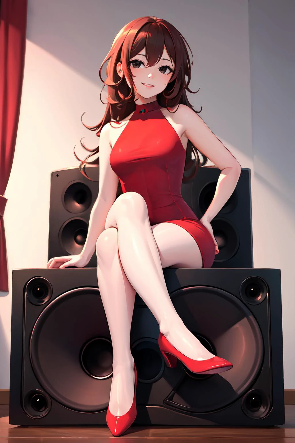 Highly detailed, High Quality, Masterpiece, beautiful, Girlfriend, 1girl, solo, full body, light smile, red dress, sitting, sitting on speaker