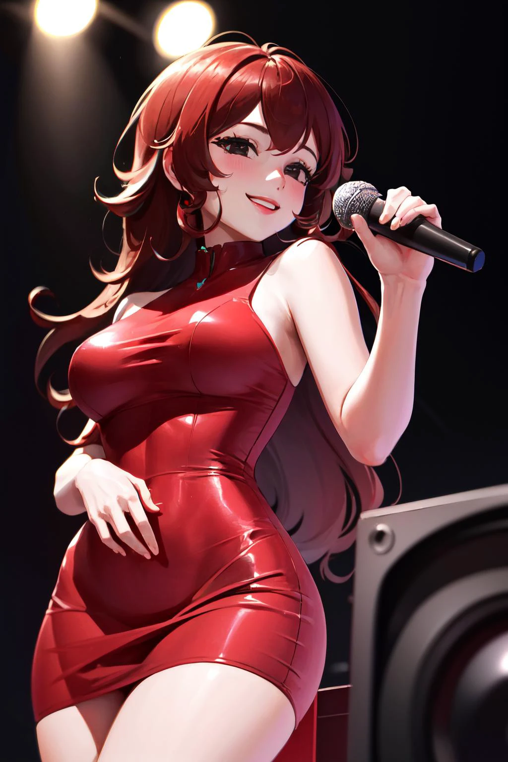 Highly detailed, High Quality, Masterpiece, beautiful, Girlfriend, 1girl, solo, cowboy shot, light smile, red dress, standing, holding, microphone, holding microphone