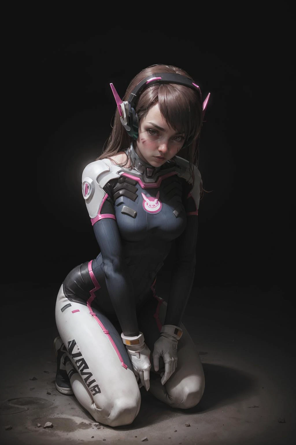 D.Va_(Overwatch),brown_hair, brown_eyes, long_hair, facial_mark, whisker_markings,bodysuit, pilot_suit, headphones, ribbed_bodysuit, gloves, white_gloves,Crouched with hands on the ground, in (Gothic style:1.3), dark scene, horror, deserted carnival, night, faded lights,(epiC35mm:1.2)