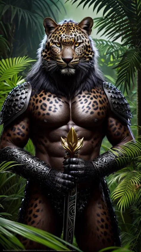 RAW image, Epic scene, ((portrait)), award-winning photo portrait of a werecreature leopard, wearing a black and silver armor, w...