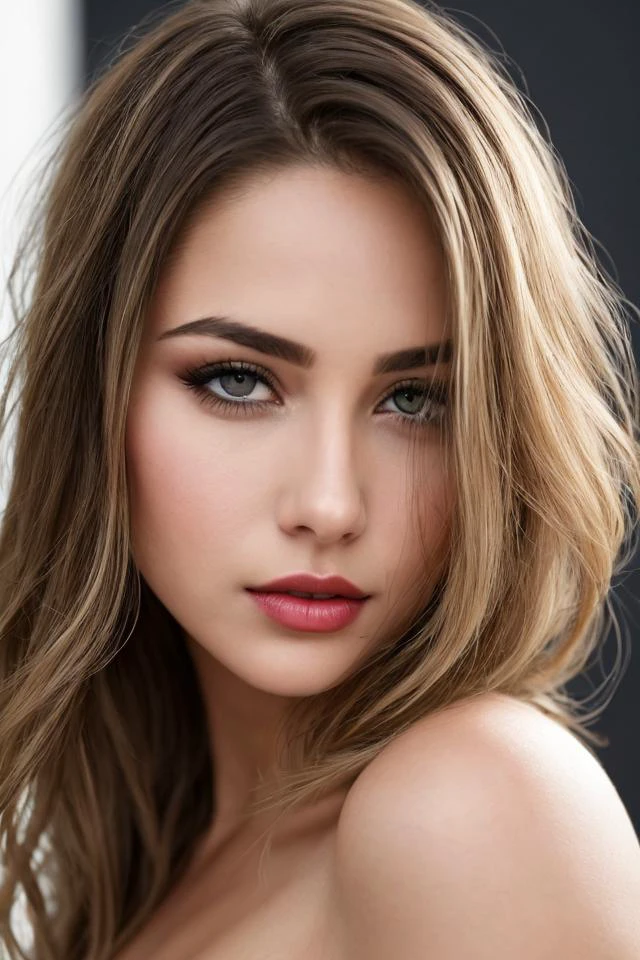 HelgaGrey, woman, (to8contrast style), (Close-up portrait), bold lips, 8k RAW photo, highest quality, detailed hazel-blue eyes, eye reflection, winged eyeliner, (looking at the viewer:1.3), best shadow, intricate details, interior, vibrant wavy Long hair layers with a side part, (blonde hair:1.3), muted colors, high contrast style, glam shot, smoldering, (sultry:1.1), dof, bokeh, intense, languid, tempting, sensual, seductive, longing, yearning, smitten, dark photography studio, minimal lighting, deep shadows, stark contrasts, dramatic highlights, (black backdrop:1.2), dimples, fullness, plumpness, natural pout, lusciousness, red lips, bold color, alluring, captivating, striking, unforgettable, stunning, breath-taking, timeless beauty. (bare shoulders:1.2), headshot