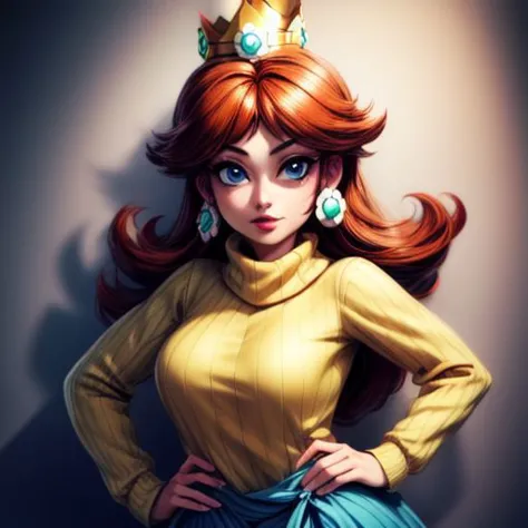 (masterpiece), (best Quality), princess daisy, blue eyes, long hair, orange hair, crown, daisy, virgin destroyer sweater