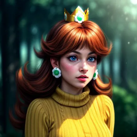 (masterpiece), (best Quality), princess daisy, blue eyes, long hair, orange hair, crown, daisy, virgin destroyer sweater