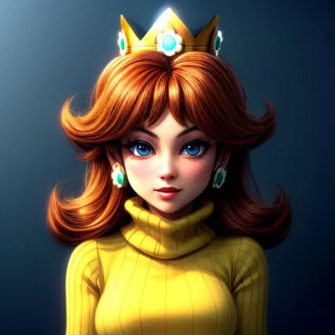 (masterpiece), (best Quality), princess daisy, blue eyes, long hair, orange hair, crown, daisy, virgin destroyer sweater