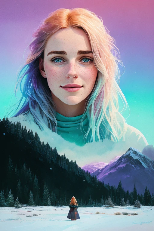 portrait of beautiful smiling woman with some freckles, snow-covered mountain landscape background by ilya kuvshinov and annie leibowitz. synthwave watercolor painting on canvas trending in artstation dramatic lighting abstract expressionism pastel shades tones (hd) golden ratio details aesthetic octane render excellent composition natural textures 8k oil paining masterpiece canon eos r4s 50