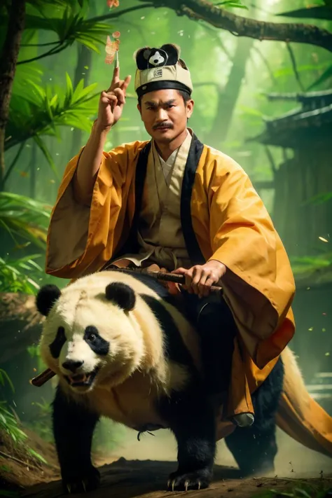 araffe dressed in traditional chinese clothing riding a panda