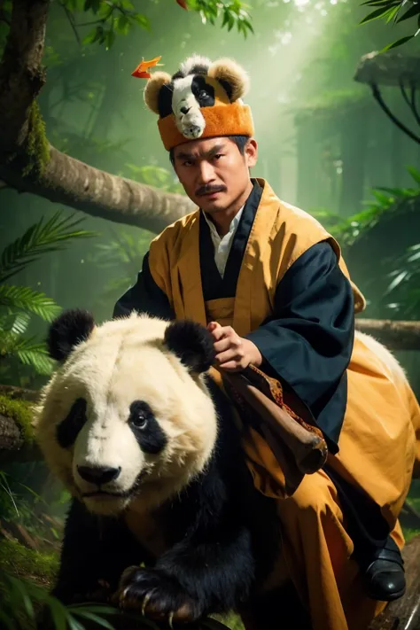 araffe dressed in traditional chinese clothing with a panda in a forest