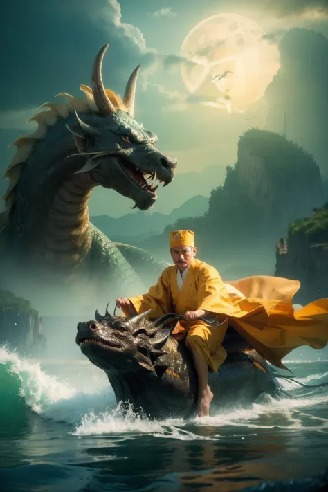 arafed image of a man riding a dragon on a boat