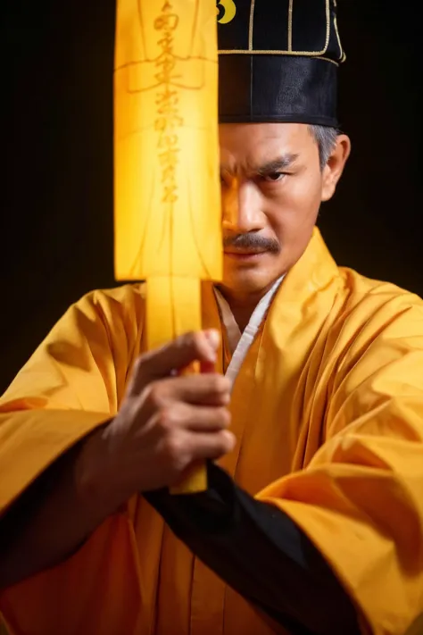 arafed man in a yellow robe holding a yellow lantern