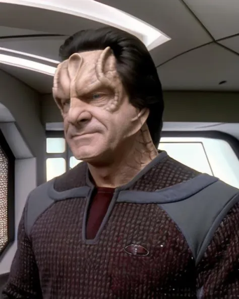 cardassian, male, marritza:1.1, grey skin, greying black slicked back hair, middle aged, reptile scales on sides of neck, perfecteyes eyes, wearing grey and burgundy tunic outfit, wide shot, facing viewer, (front view:1.2), sci-fi space station in background, harris yulin, perfect lighting, <lora:cardassian_lora_v2:0.7>, <lora:locon_perfecteyes_v1_from_v1_64_32:0.2>