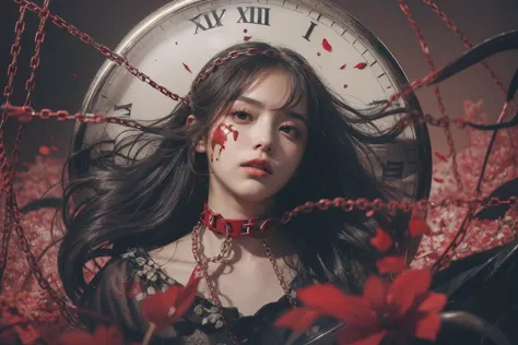 a close up of a woman with long hair and a clock in the background