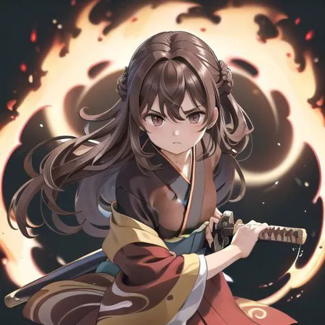 a woman in a kimono outfit holding a sword in front of a fire